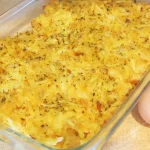 Creamy Double Potato Casserole in a baking dish