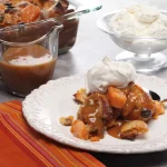 Sweet Potato Bread Pudding with Caramel on a white dish