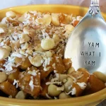 Tropical Sweet Potatoes with a spoon stamped with I Yam What I Yam