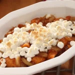 YamApple Delight in a white dish with marshmallows on top